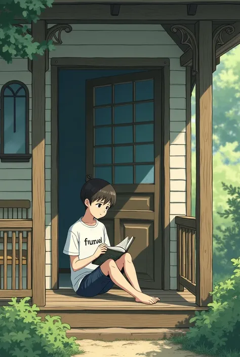  It says on his shirt  " FJRVISUAL "  The guy is sitting on the porch of the house , read a book , anime style ghibli 