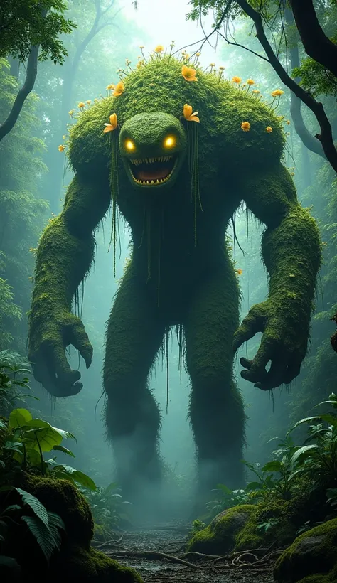 Imagine a gargantuan, plant-like titan covered in glowing bioluminescent moss and vines towering over a lush, overgrown jungle. Its massive tree-like arms swing slowly, knocking down entire sections of the jungle canopy. Glowing flowers bloom across its sh...