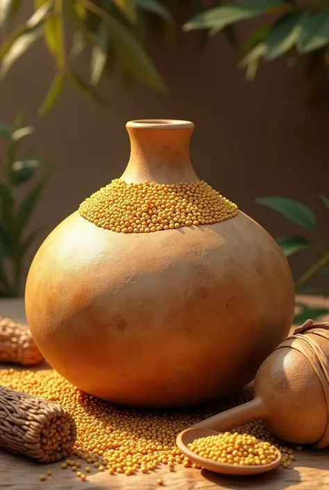 An African gourd with millet and bundles of its derivatives