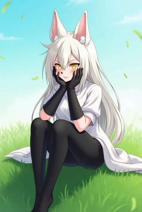  character , long white hair with bangs , blusa do Shadow de Sonic cor branca,  black pants ,  dog nose and ears accessory,  long black gloves  *Pose sitting on a grass with your hands on your face*