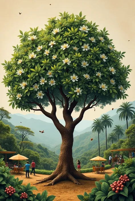  Create a Collage-like image of the coffee tree, El Parque El Café y el Valle de Cocora 
