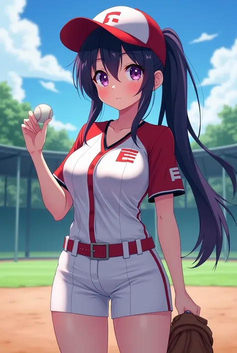 Japanese animation style、High school girl、Baseball uniform 、 Baseball Cap 、Practice Area、Dark Purple Long Hair、single ponytail、 purple pupils、 full breasts 、From Taiwan