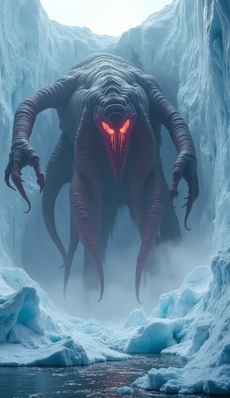 Imagine a horrifying, multi-limbed titan with writhing, glowing red tentacles emerging from a massive crack in the Arctic ice. Its massive size creates tremors that send enormous icebergs crashing into the frigid waters below. The titan’s glowing eyes and ...