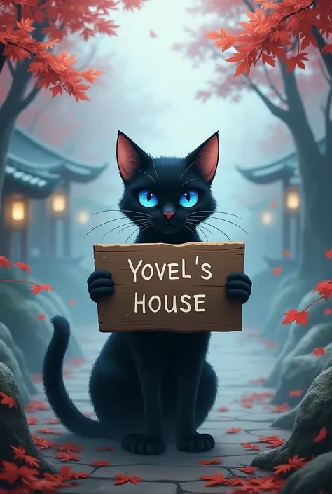  a black cat with blue eyes holds a sign saying yovels house in a Japanese park in the evening where there are smoke leaves on the ground and gray fog everywhere 