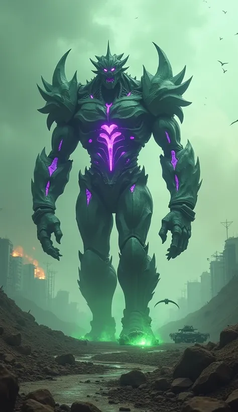 Imagine a massive, humanoid titan with glowing purple veins and sharp, crystalline spikes jutting from its body walking through an apocalyptic wasteland. The ground cracks beneath its weight, releasing plumes of toxic green gas as it moves. The wasteland i...