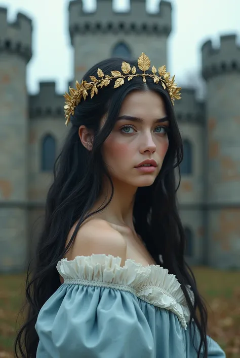  black-haired girl,ojos azules,  Long straight hair , against the background of a castle , with light blue and white Victorian style dress, with a crown of gold colored leaves ,