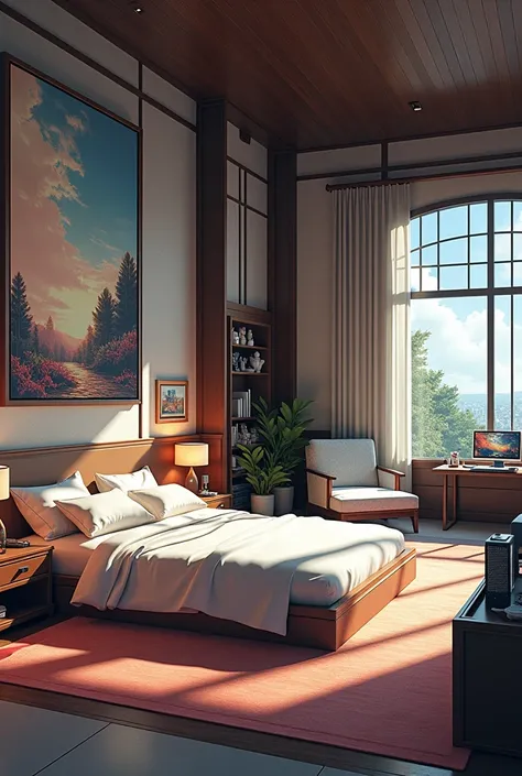 Design a bedroom for an anime lover and make sure it looks spacious and luxurious.