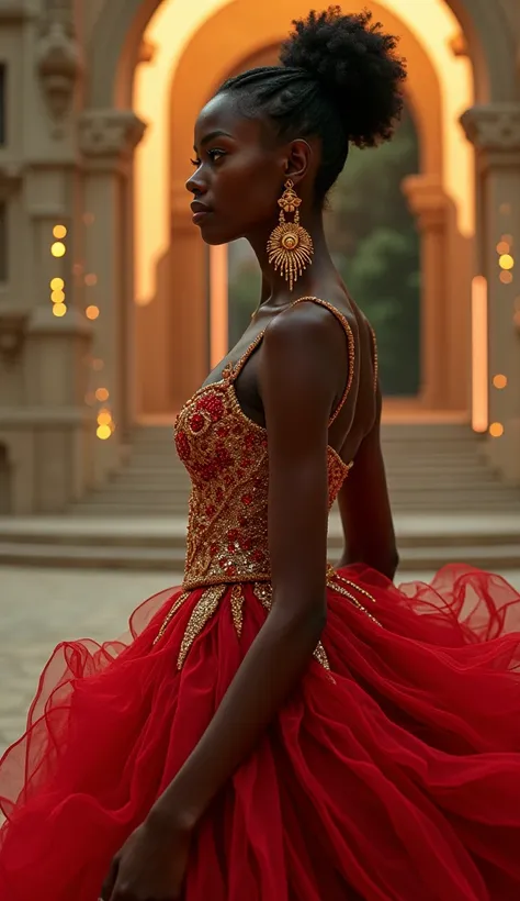 A breathtakingly beautiful woman in a stunning, flowing red gown adorned with intricate gold embroidery, exuding elegance and power. The gown sparkles with glittering accents that catch the light, blending futuristic metallic textures with organic flowing ...