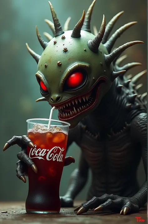 Monstre qui fait peur , He has an oval head with red eyes , le corps couvert de pic et il est en train de boire du coca cola