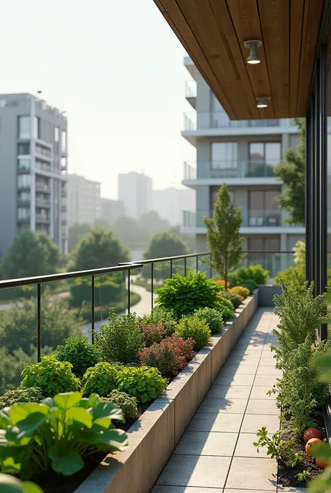  a rendering of the terrace of an apartment with a small vegetable garden on the border with some vegetables, The biogarden is a form of concrete planter  ,  the style of the image must be realistic and in a pedestrian perspective  