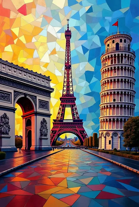 Arc de Triomphe, Eiffel Tower, Leaning Tower of Pisa, glorious painterly patchwork art piece made from colorful broken glass shards, effective effects, bold and dynamic, contrasts of light and shadow, 2.5D, artistic photography, hyper realistic, ultra deta...