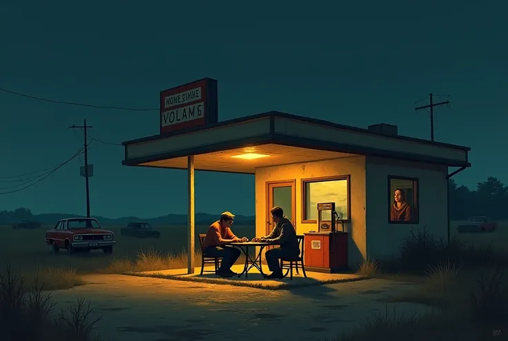 Scenario: A brightly lit gas station emerges from the darkness of the road. The building is simple, with a faded sign and a warm, inviting glow from its windows. The surrounding area is quiet, with a few parked cars and tall grass swaying gently in the win...