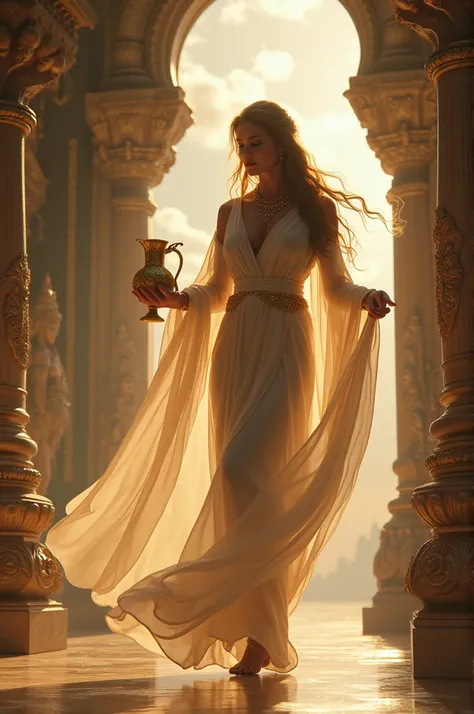 a beautiful goddess in a shawl , descending from the sky carrying a golden jug in her hand, in a Hindu temple with beautiful statues .