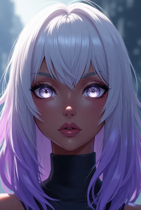  create an anime woman , black, with long white hair, with purple tips ,  she has white eyes . It&#39;s high.  The hair has a fringe in half, Only half of the face .