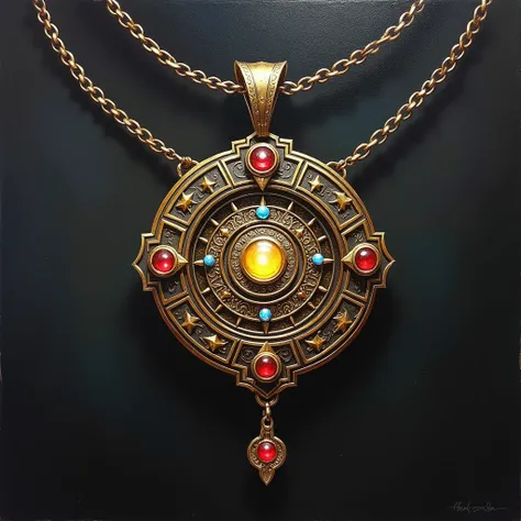  Fascinating close-up elegant magic amulet. Mens necklace .  Oil painting .