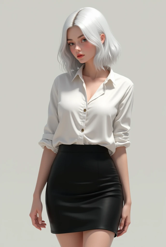 A girl with white shoulder-length hair in her 20s wearing a white shirt and black skirt,  with a voluptuous body 