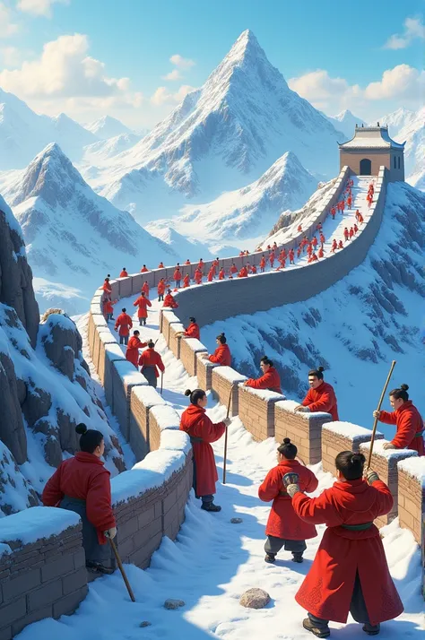 Chinese wall: many Chinese people being built in the winter with a lot of snow, animated characters