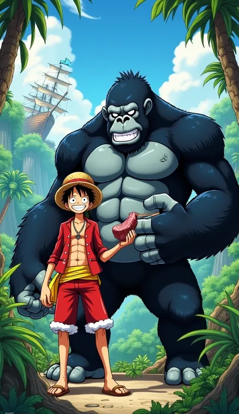 Luffy next to a Gorilla :

"Monkey D.  Luffy standing next to a huge gorilla with defined muscles .  Both display confident smiles ,  ready to face any challenge .  Luffy wears his classic straw hat and holds a piece of meat while the gorilla adopts a defe...