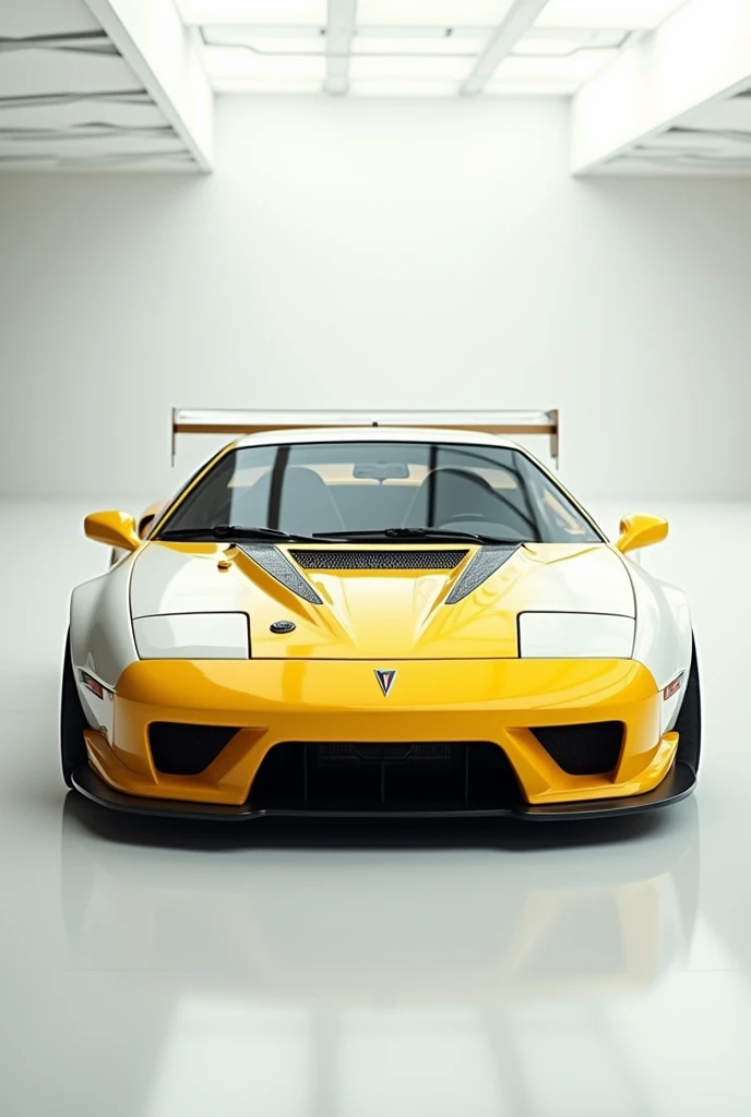 Pontiac Fiero super futuristic yellow with white details with white recessed carbon hood with super technological racing tunics in a huge white garage