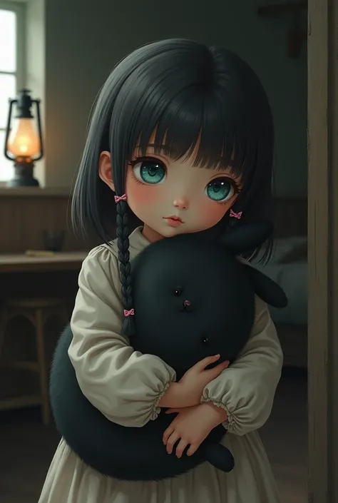  a photo of a small mine ,  no more than 3 or  , with straight hair with small braids of pink hair and light turquoise eyes,  holding a plush black rabbit , hugging him shyly , does not smile.  is inside a house 