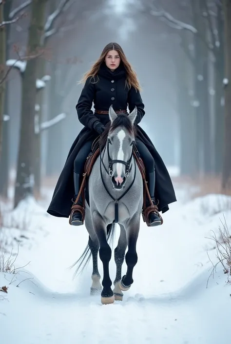 Une cavalière de 25 ans, mesurant 1m70 et pesant 70 kg, aux cheveux châtains mi-longs, chevauche un cheval gris clair, un pur-sang arabe de 1m50, aux crins noirs. Sur son front, une marque distinctive, un croissant de lune brillant légèrement. Le cheval po...