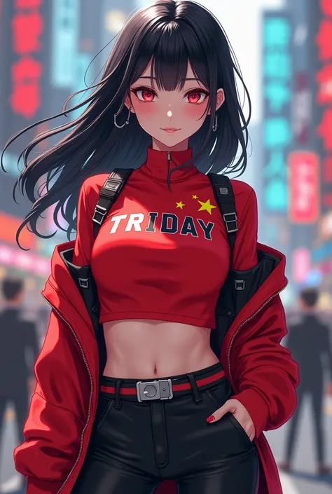 Create me an anime character with black hair and clothes with the Chinese flag with the name TriDay on her shirt