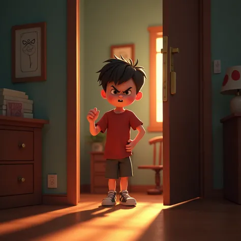 Angry boy locked in his room, Pixar format