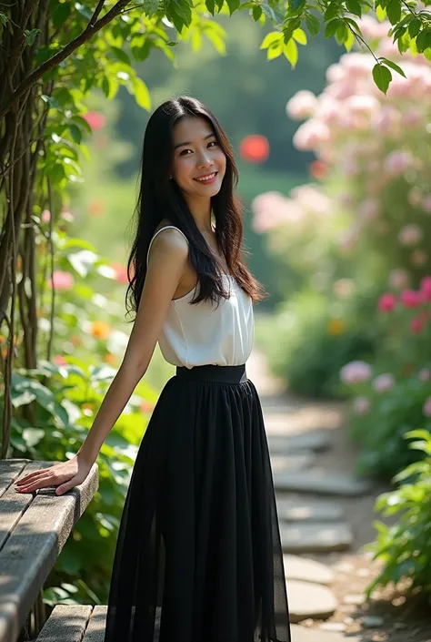 Lush Garden Sanctuary: In a secluded garden sanctuary filled with blooming flowers and greenery, an Asian woman with long dark hair leans thoughtfully on a weathered wooden bench. Shes dressed in a simple white tank top paired with a flowing black skirt th...