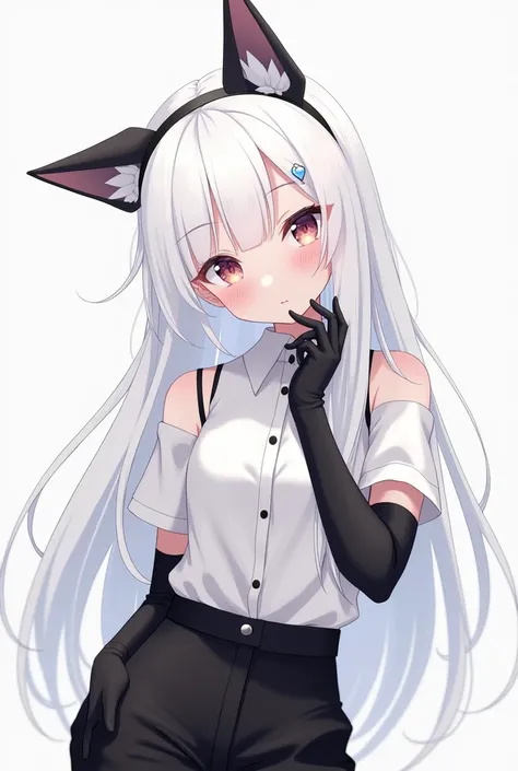 *female ANIME character, long white hair with bangs , blusa do Shadow de Sonic cor branca,  black pants ,  dog ear accessory,  long black gloves * *cute pose with hand on chest *