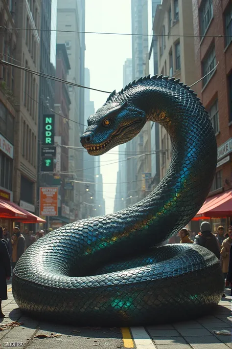 a large snake is curled up on the street in a city street with people walking around it and buildings in the background, 