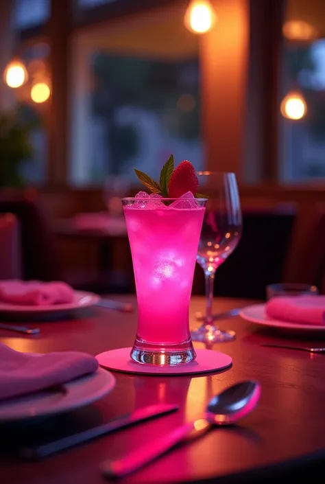  Make a pink drink on a restaurant table at night, super realistic photo , Make plates on the table