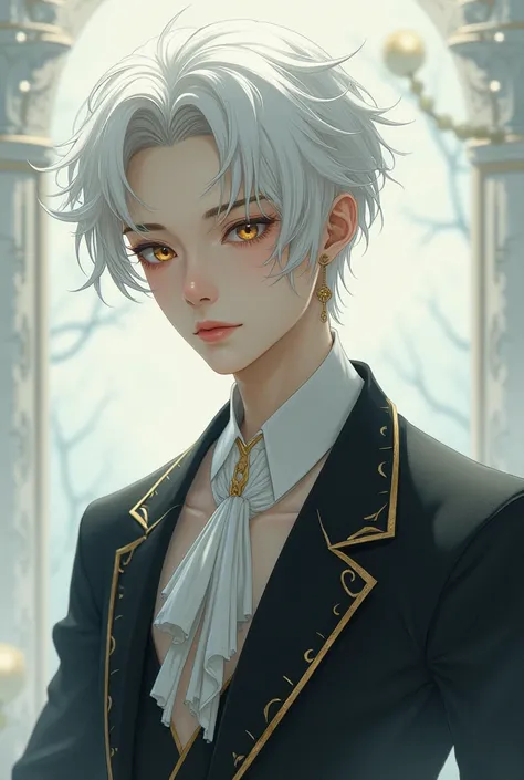 Oriental boy in a black suit , white hair and golden eyes 