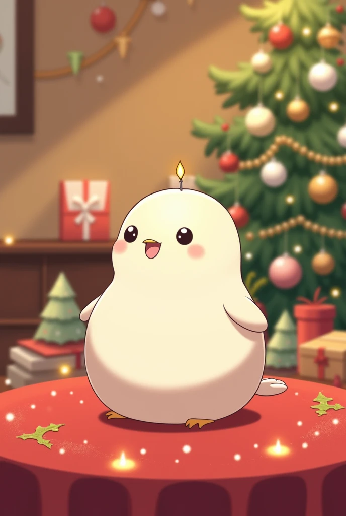 Masterpiece,Best quality, Anime style, Christmas party, Christmas candle placed in the center of the table,,(((big candle of pure white sparrow mascot, deformed))),round body, simple face, cute appearance,