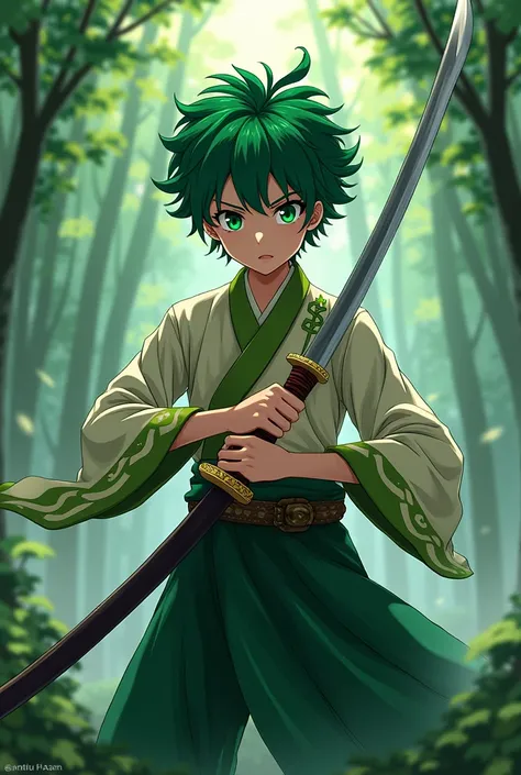 A green-haired boy with a katana 