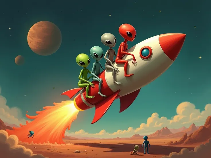 create an image with: first in the rocket is a green alien. Second is a grey alien and the last a red alien, one after another ridind a rocket. mars, few stars, in the background and a small blue alien well hidden in the image.