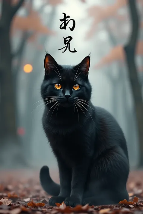 black cat with brown eyes with an inscription 
above   "domik yovels"  in a Japanese park where there are smoke leaves on the ground and gray fog everywhere 