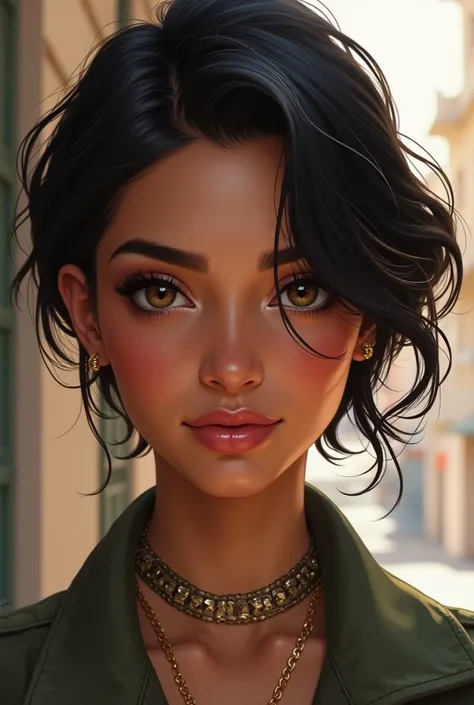 cmodèle, digital illustration, ( Moroccan masterpiece :1.2),  high quality,  detailed eyes , Extremely beautiful young woman, poil court, Vêtements de ville, thick, 