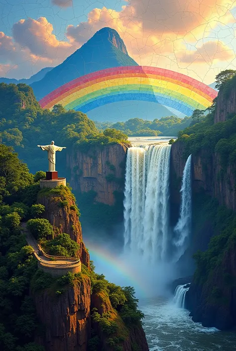 Corcovado Hill, Christ the Redeemer, and Iguazu Falls with a rainbow, glorious painterly patchwork art piece made from colorful broken glass shards, effective effects, bold and dynamic, contrasts of light and shadow, 2.5D, artistic photography, hyper reali...