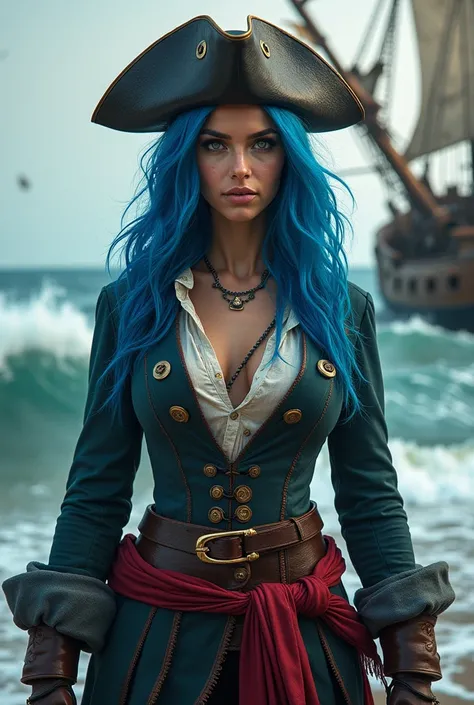 Pirate woman,blue hair, hat 