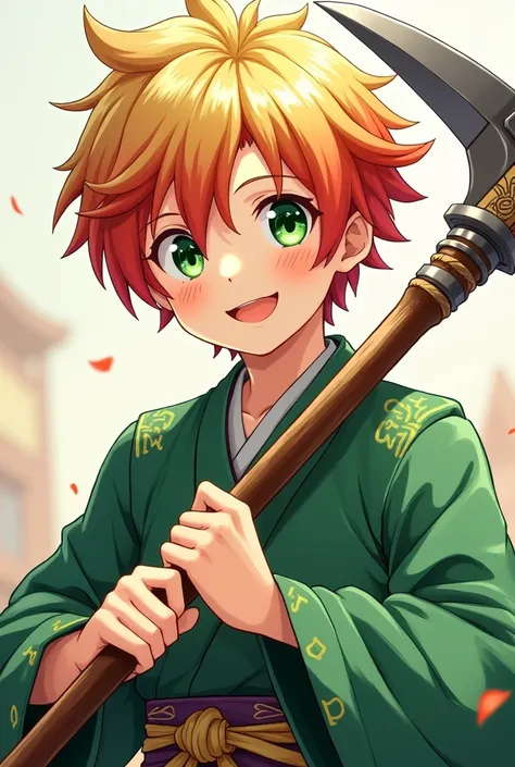 Blond-haired anime boy with red highlights and green eyes ,  holding a sickle , wearing a green kimono , smiling 