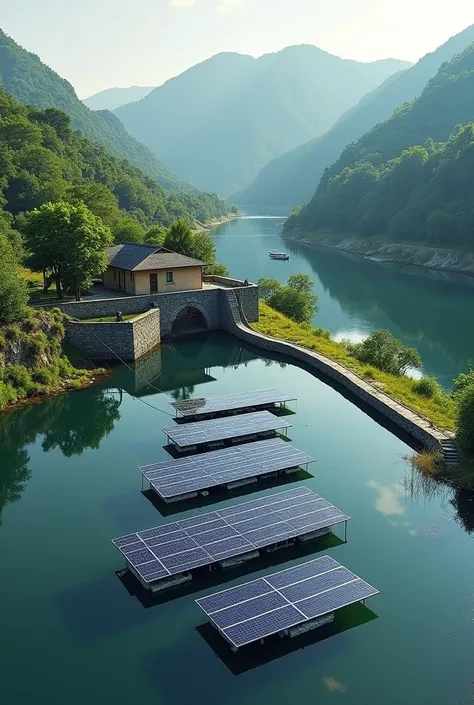 Small dam with 10 floating solar panels 