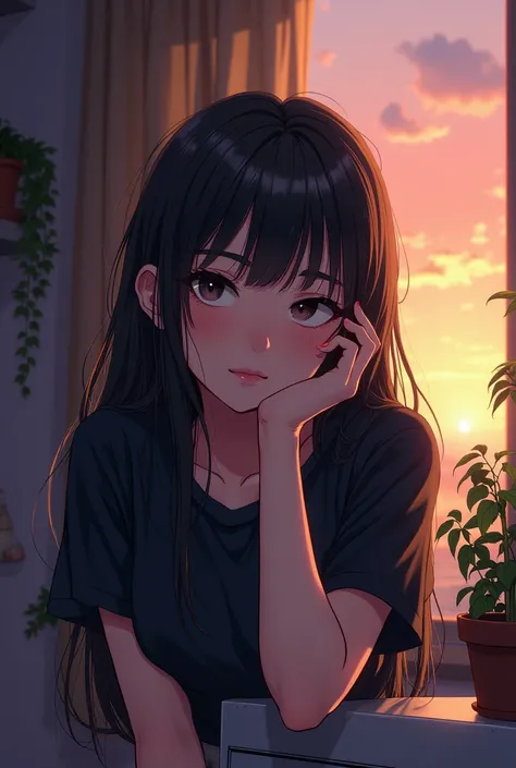 manga style
Position : leaning on the parapet , Hand on face,  relaxed pose
Expression : calm, reflective, Dark eyes closed
Evening light:  shades of gold and violet
Environment :  have a messy room , plants,  hanging clothes
Camera view :  front angle til...