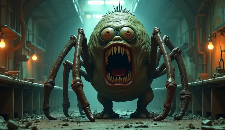 Generate a very scary minion who has turned into a huge creature with ragged skin, sharp teeth, instead of arms and legs long spider limbs. The setting is a ruined laboratory. Style 3D animation.