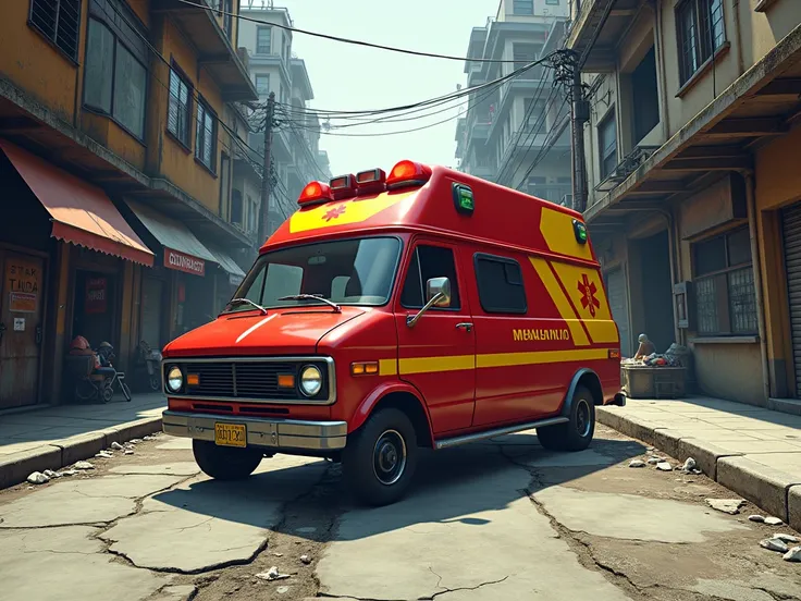 gta san andreas style, red ambulance with yellow details, in a small city road scene, fictional, no brandings