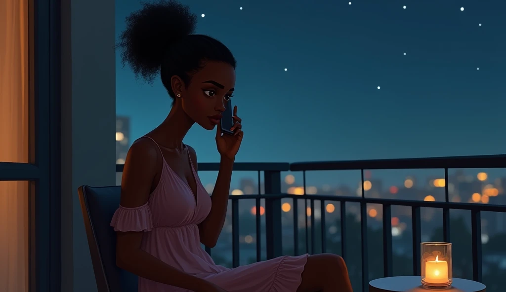 An image of a young African girl making a phone call in the balcony at night while putting on a sexy night gown 