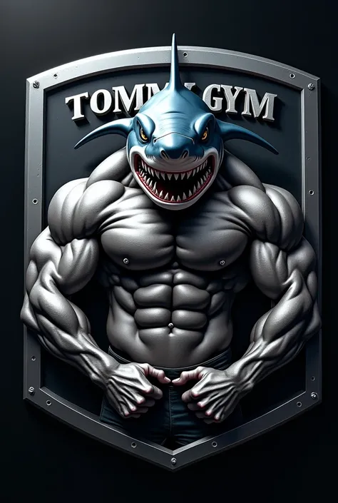 Professional metallic logo with the silhouette of a bodybuilder with the face of a shark and the letters TOMMY GYM in the center