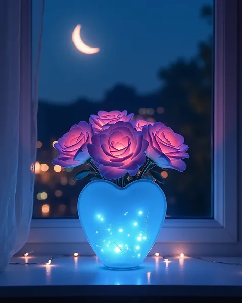 The front view, full of soft and dreamy atmosphere, features a blue frosted surface glass heart shaped vase in the center of the image, filled with small flickering LED lights that emit a soft glow. The vase is filled with roses illuminated by LED lights i...