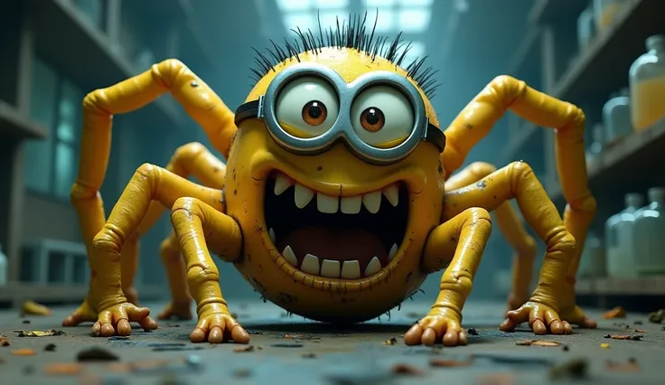 Generate a very scary big minion who has turned into a huge creature with yellow ragged skin,  big sharp teeth, instead of arms and legs long spider limbs. The setting is a ruined laboratory. Style 3D animation.