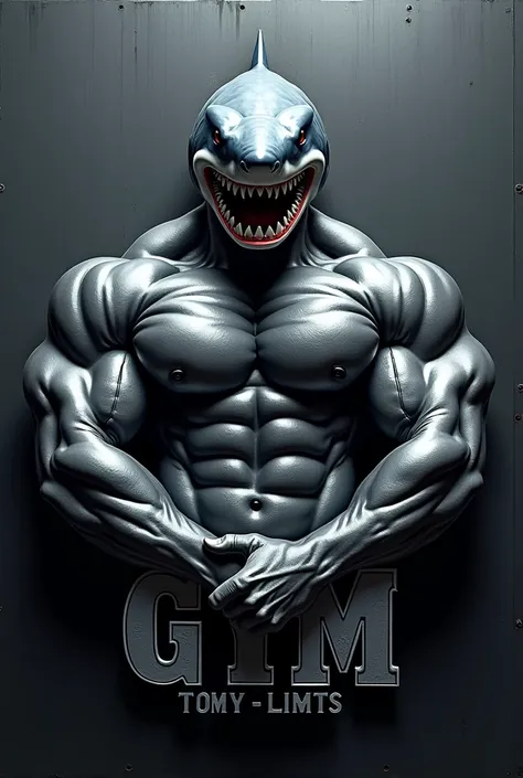 Professional metallic logo with the silhouette of a bodybuilder with the face of a shark and the letters TOMMY GYM in the center