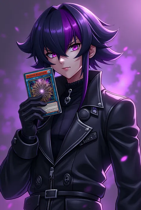 Me as a YU-GI-OH male character, have a big purple bang, black hair, and wore a menacing clothes, have a buster blader card on my hand, while my other hand wears Yu-Gi-Oh duel disk.